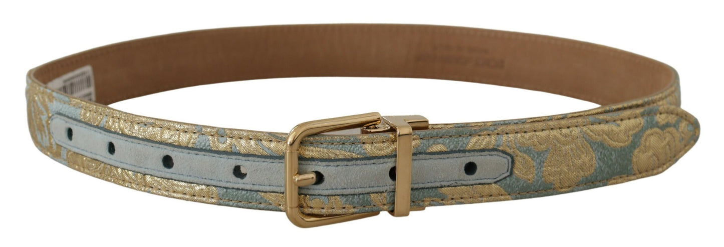 Dolce & Gabbana Blue Leather Jacquard Embossed Gold Metal Buckle Belt