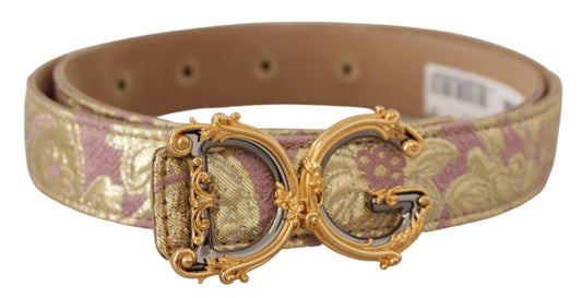 Dolce & Gabbana Rose Pink Jacquard DG Logo Gold Metal Buckle Belt