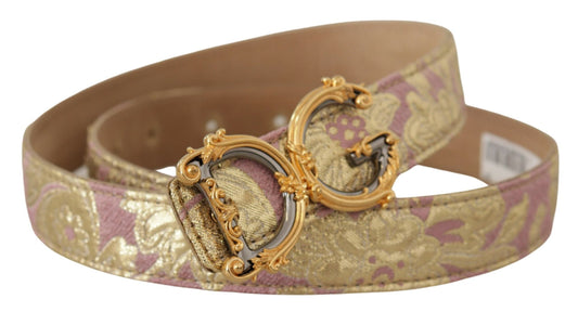 Dolce & Gabbana Rose Pink Jacquard DG Logo Gold Metal Buckle Belt