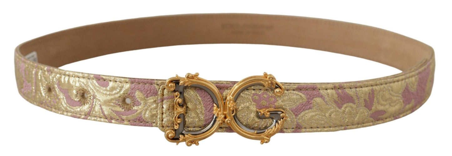 Dolce & Gabbana Rose Pink Jacquard DG Logo Gold Metal Buckle Belt