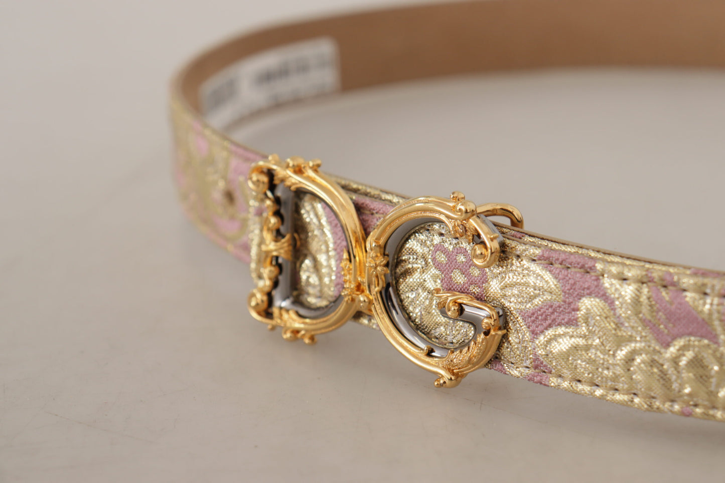 Dolce & Gabbana Rose Pink Jacquard DG Logo Gold Metal Buckle Belt