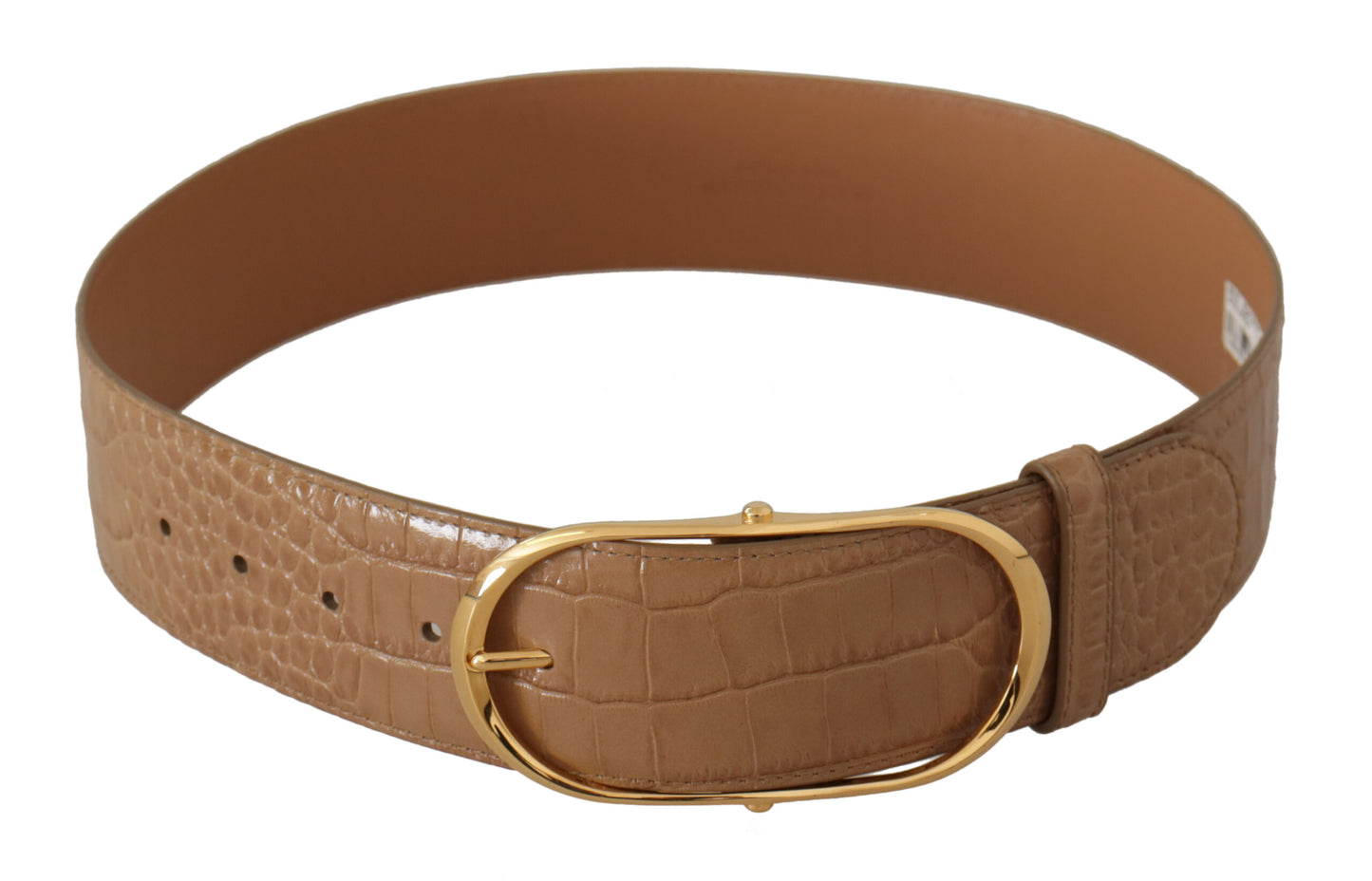 Dolce & Gabbana Brown Beige Leather Gold Metal Oval Buckle Belt