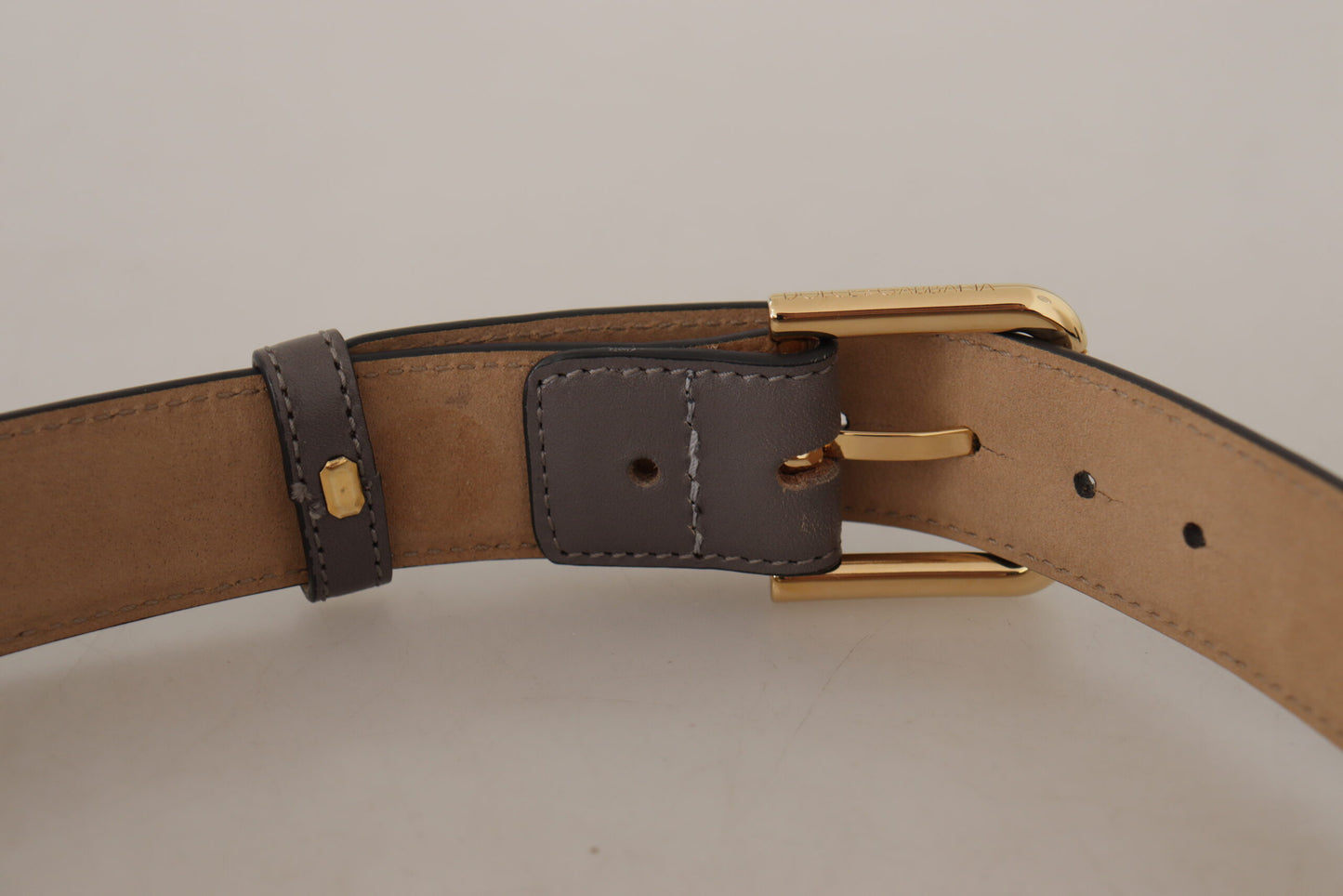 Dolce & Gabbana Gray Calfskin Leather Gold Metal Logo Buckle Belt