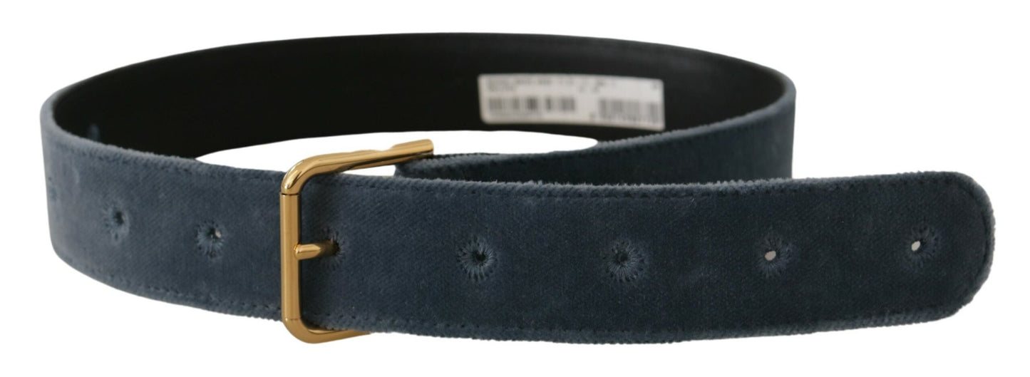 Dolce & Gabbana Navy Blue Velvet Gold Metal Logo Waist Buckle Belt