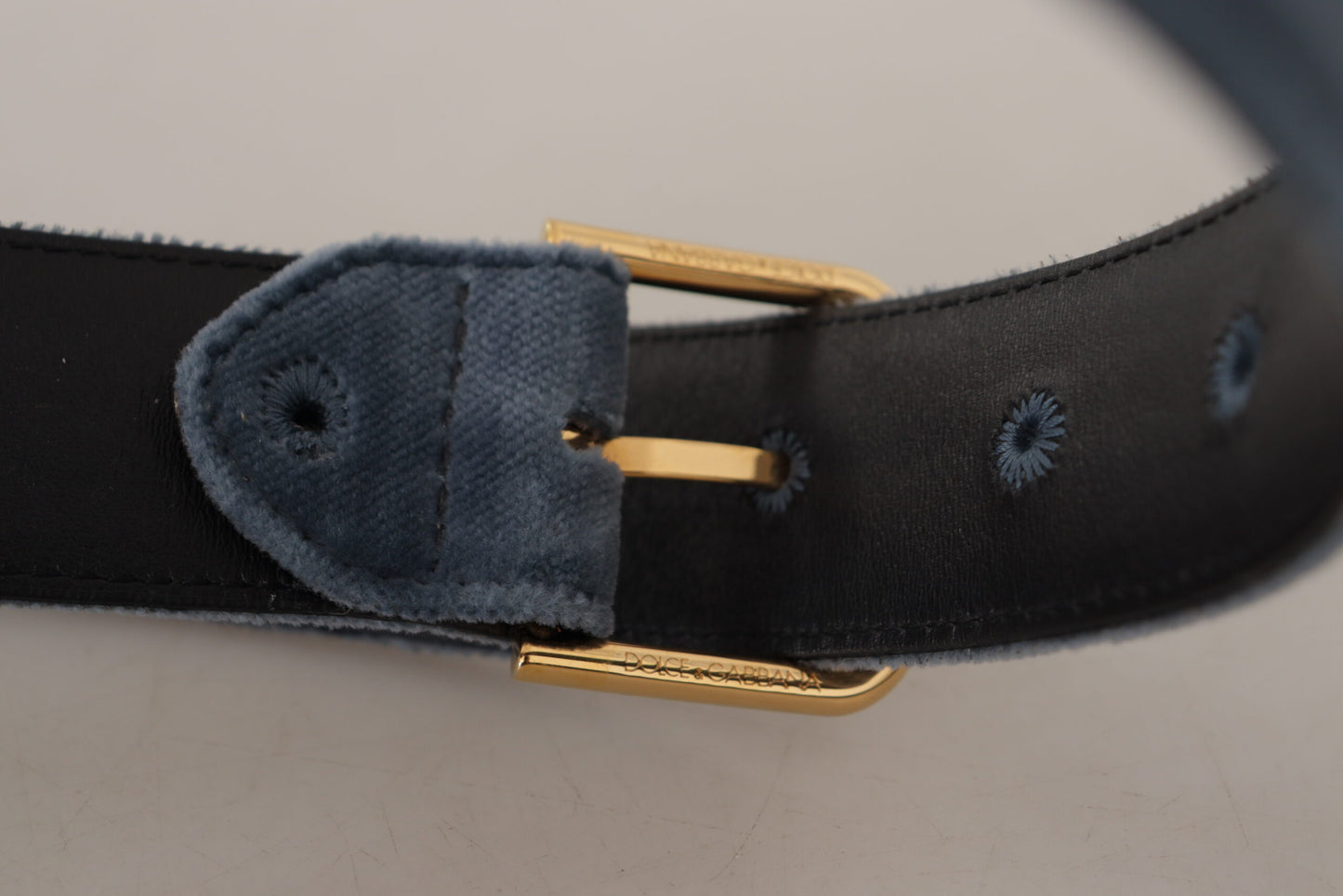 Dolce & Gabbana Navy Blue Velvet Gold Metal Logo Waist Buckle Belt