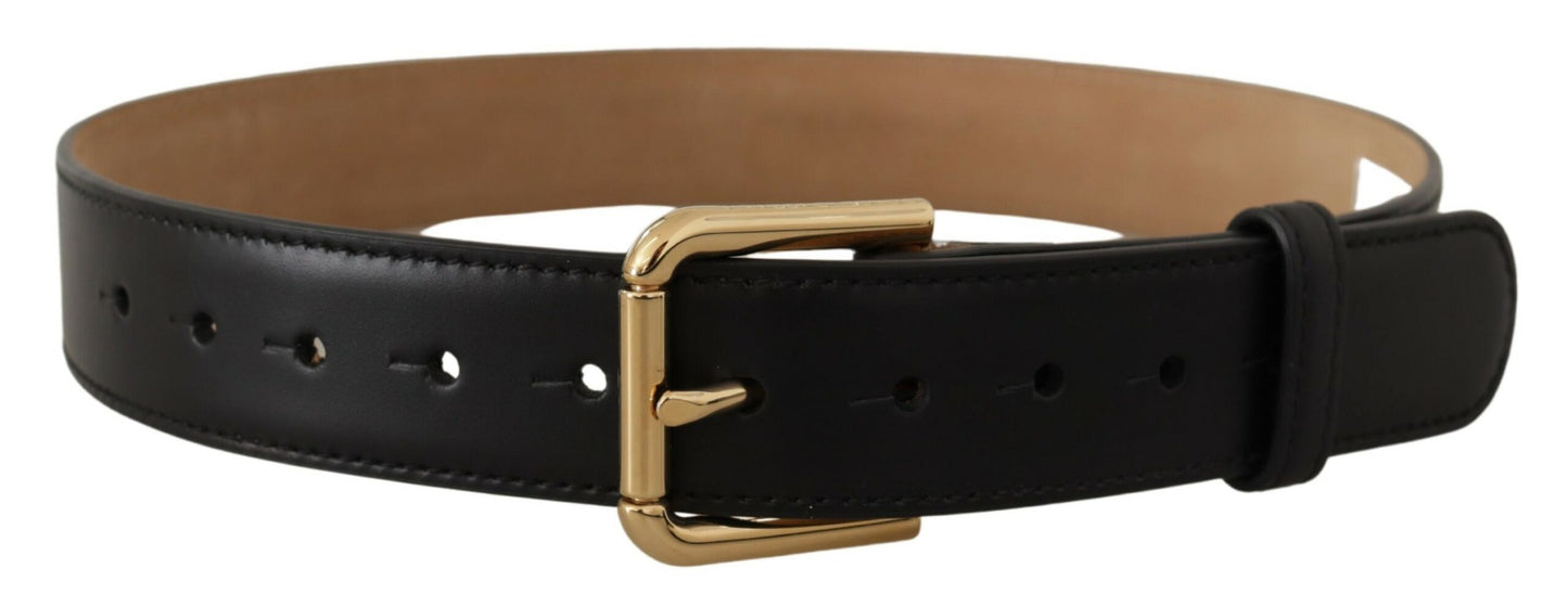 Dolce & Gabbana Black Solid Leather Classic Gold Waist Buckle Belt