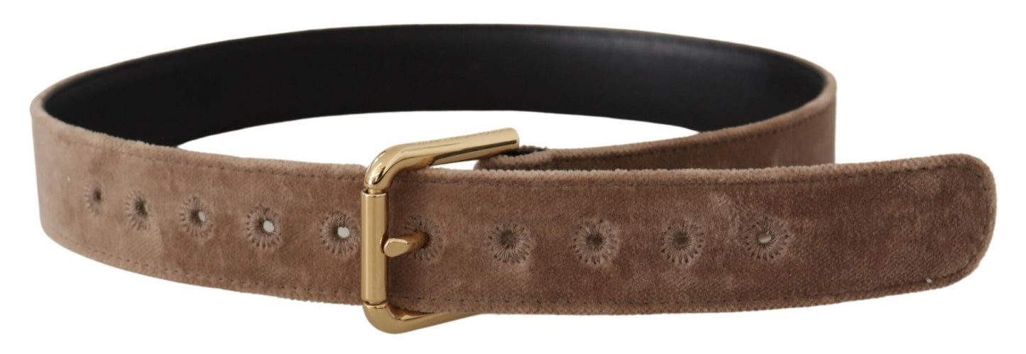 Dolce & Gabbana Light Brown Velvet Gold Tone Logo Metal Buckle Belt