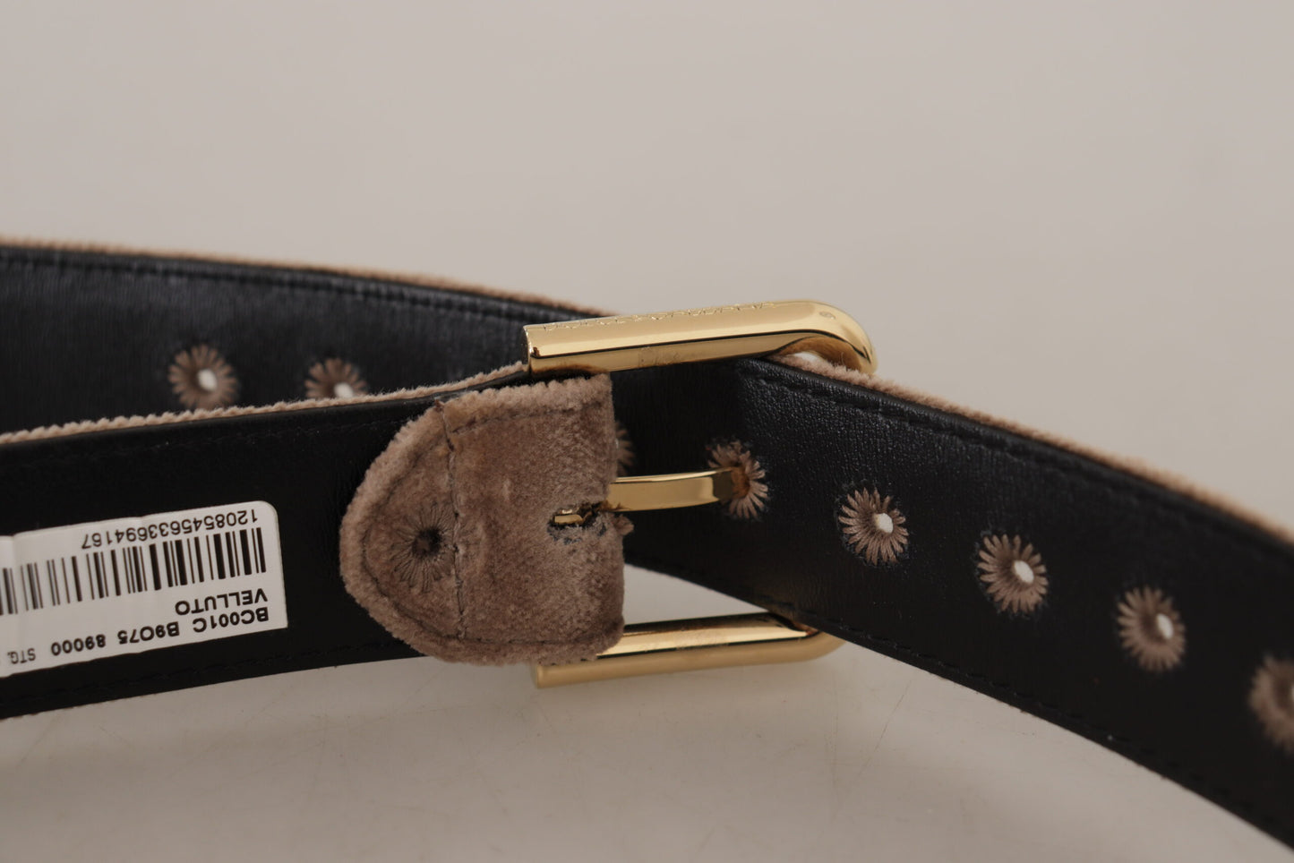 Dolce & Gabbana Light Brown Velvet Gold Tone Logo Metal Buckle Belt