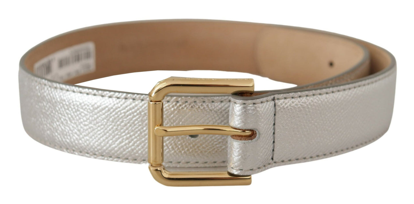 Dolce & Gabbana Silver Leather Gold Tone Logo Metal Waist Buckle Belt