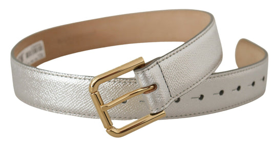 Dolce & Gabbana Silver Leather Gold Tone Logo Metal Waist Buckle Belt