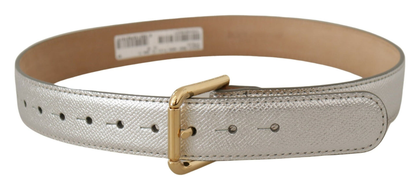 Dolce & Gabbana Silver Leather Gold Tone Logo Metal Waist Buckle Belt