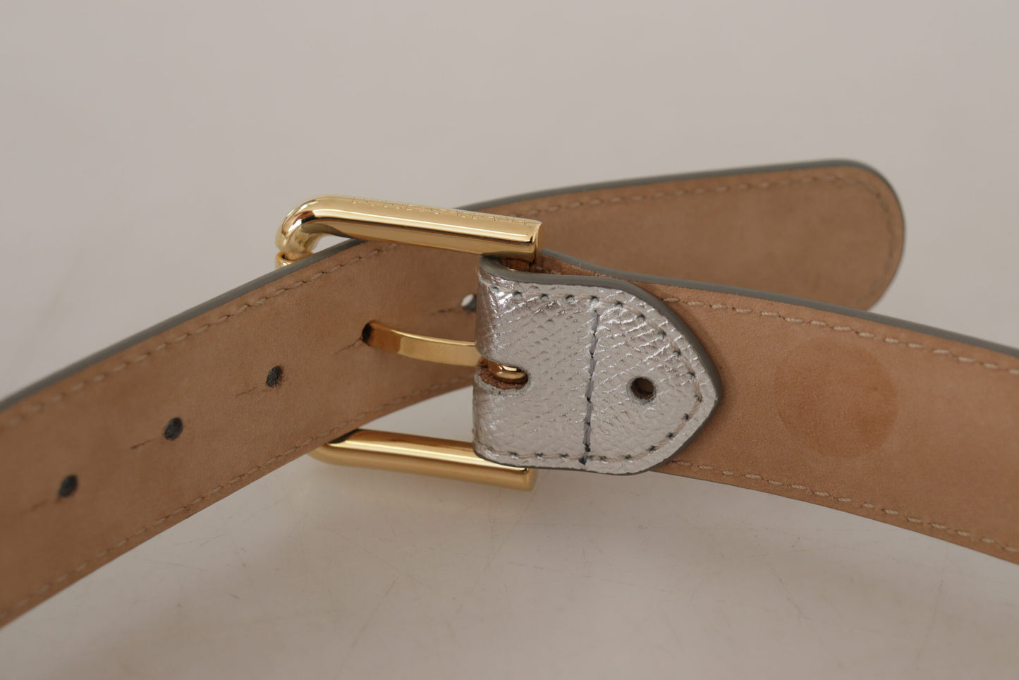 Dolce & Gabbana Silver Leather Gold Tone Logo Metal Waist Buckle Belt