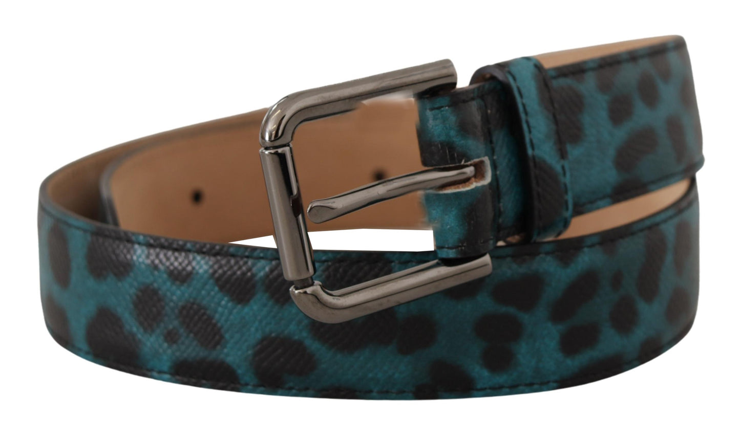 Dolce & Gabbana Blue Green Leopard Print Logo Metal Waist Buckle Belt