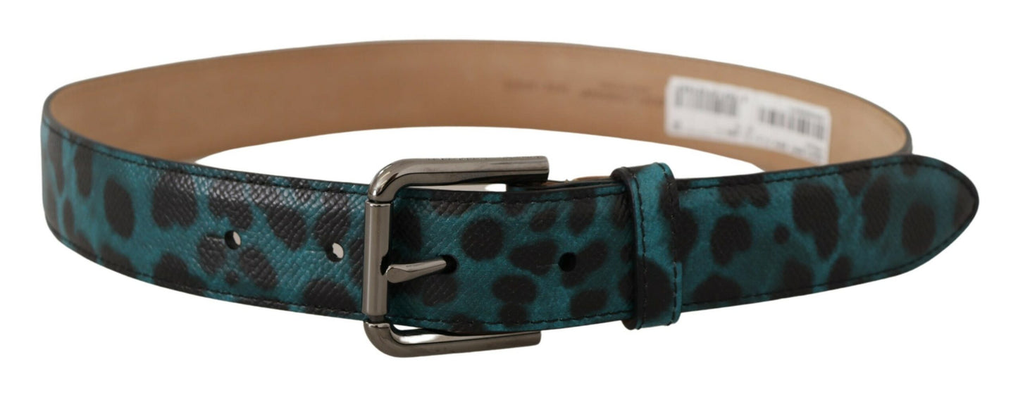 Dolce & Gabbana Blue Green Leopard Print Logo Metal Waist Buckle Belt