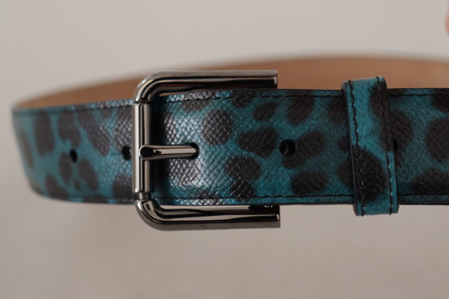 Dolce & Gabbana Blue Green Leopard Print Logo Metal Waist Buckle Belt