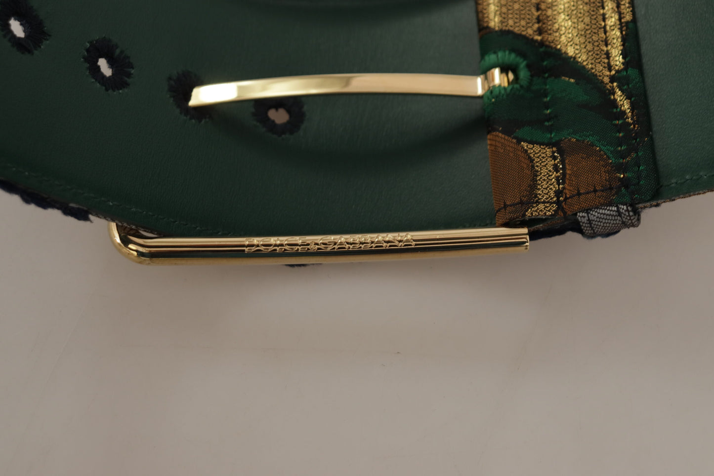 Dolce & Gabbana Green Jacquard Embroid Leather Gold Metal Buckle Belt