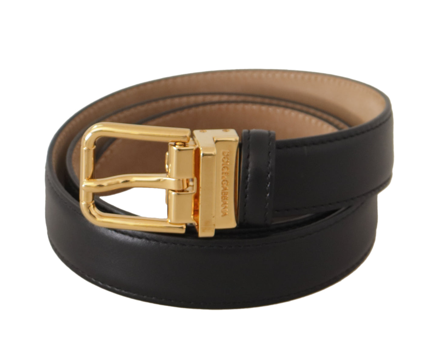 Dolce & Gabbana Black Calf Leather Gold Metal Logo Waist Buckle Belt