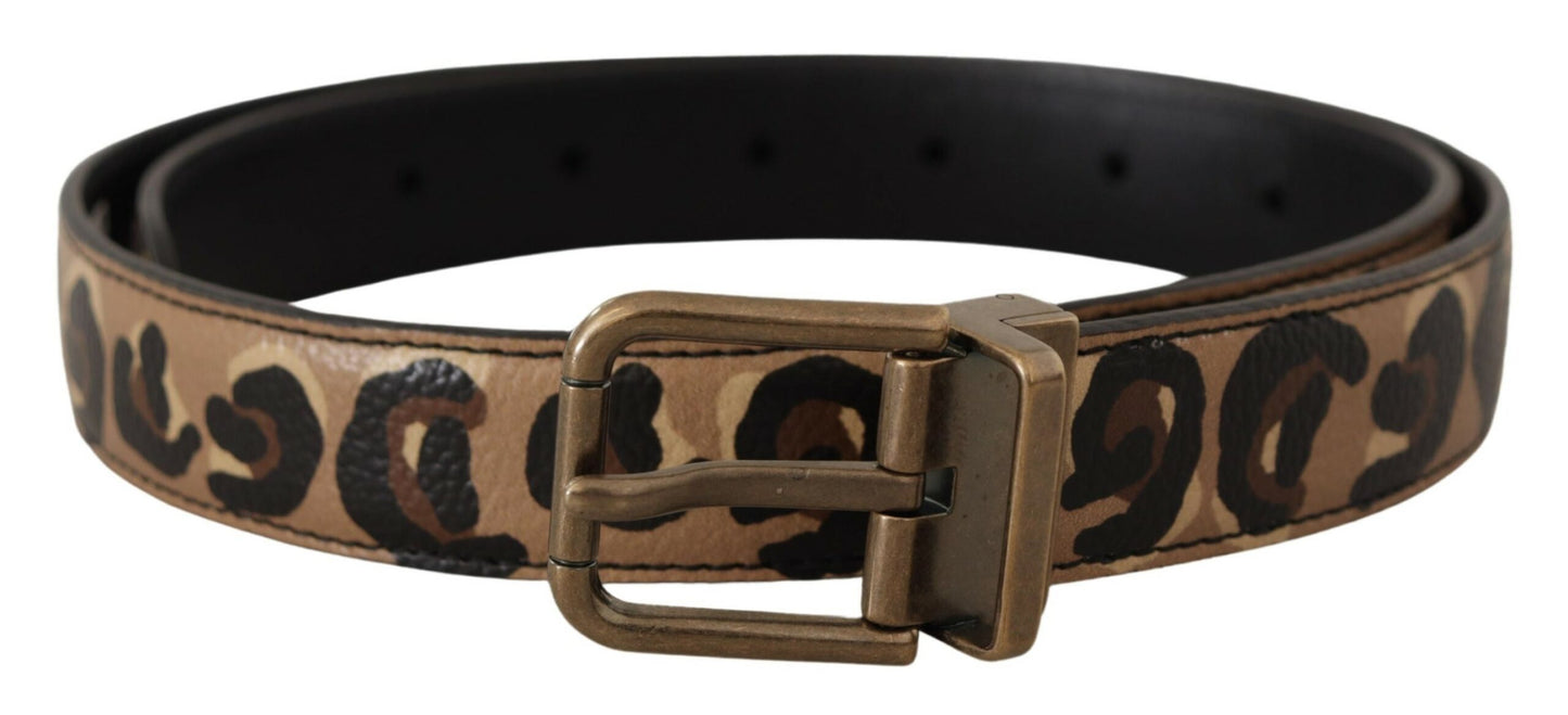 Dolce & Gabbana Brown Leather Leopard Print Bronze Metal Buckle Belt