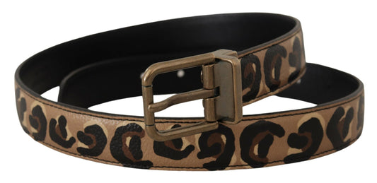 Dolce & Gabbana Brown Leather Leopard Print Bronze Metal Buckle Belt