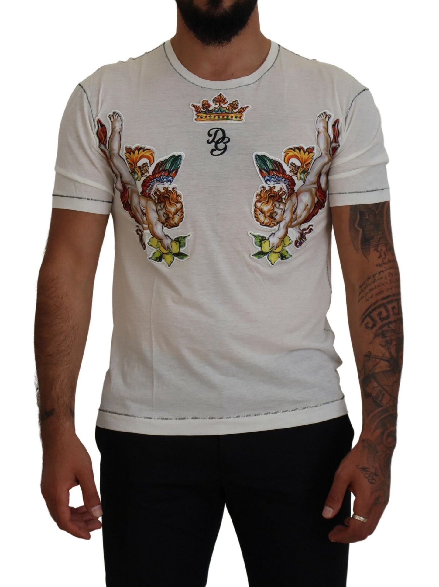 Dolce & Gabbana White Printed Short Sleeves Men T-shirt