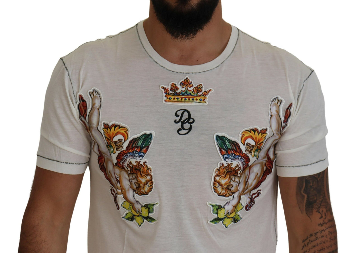 Dolce & Gabbana White Printed Short Sleeves Men T-shirt