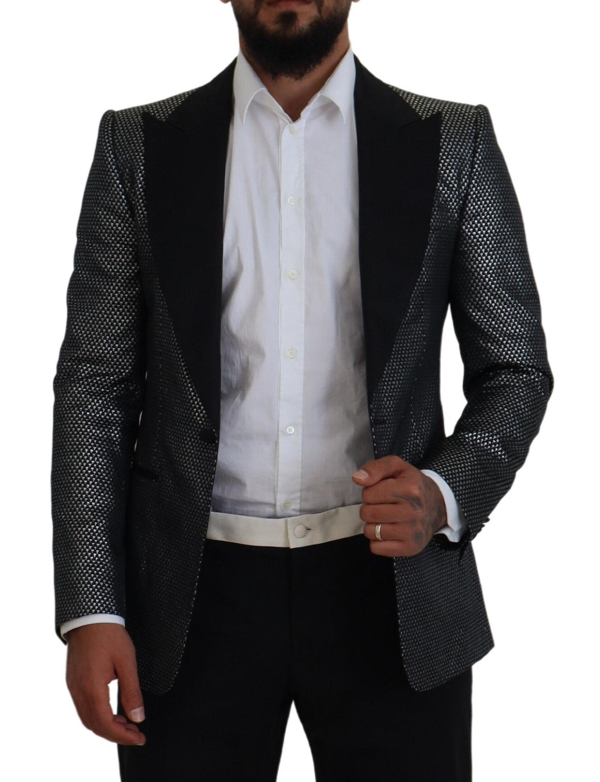 Dolce & Gabbana Black Silver Jacquard Slim Fit Jacket Blazer