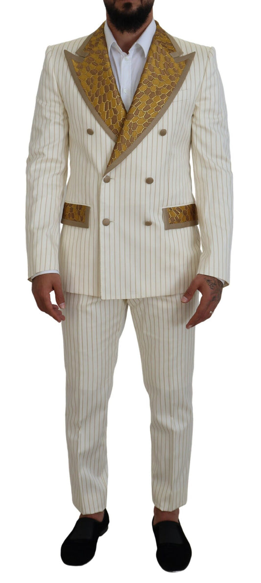 Dolce & Gabbana Off White Gold Striped Tuxedo Slim Fit Suit