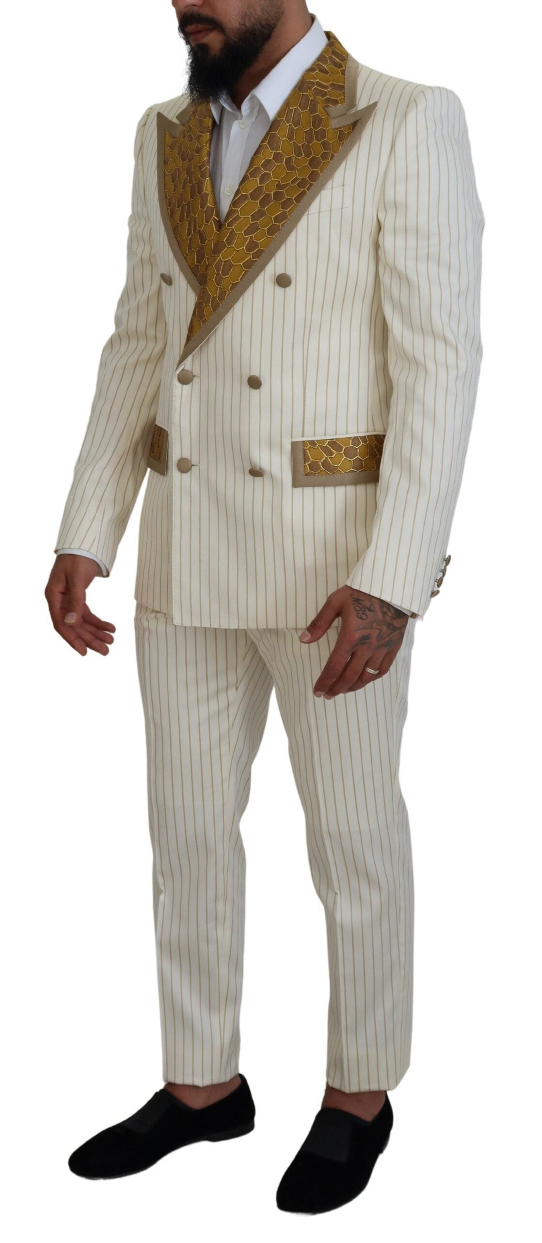 Dolce & Gabbana Off White Gold Striped Tuxedo Slim Fit Suit