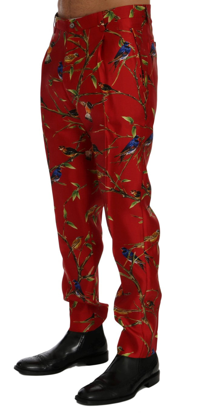 Dolce & Gabbana Red Silk Bird Print Dress Pants