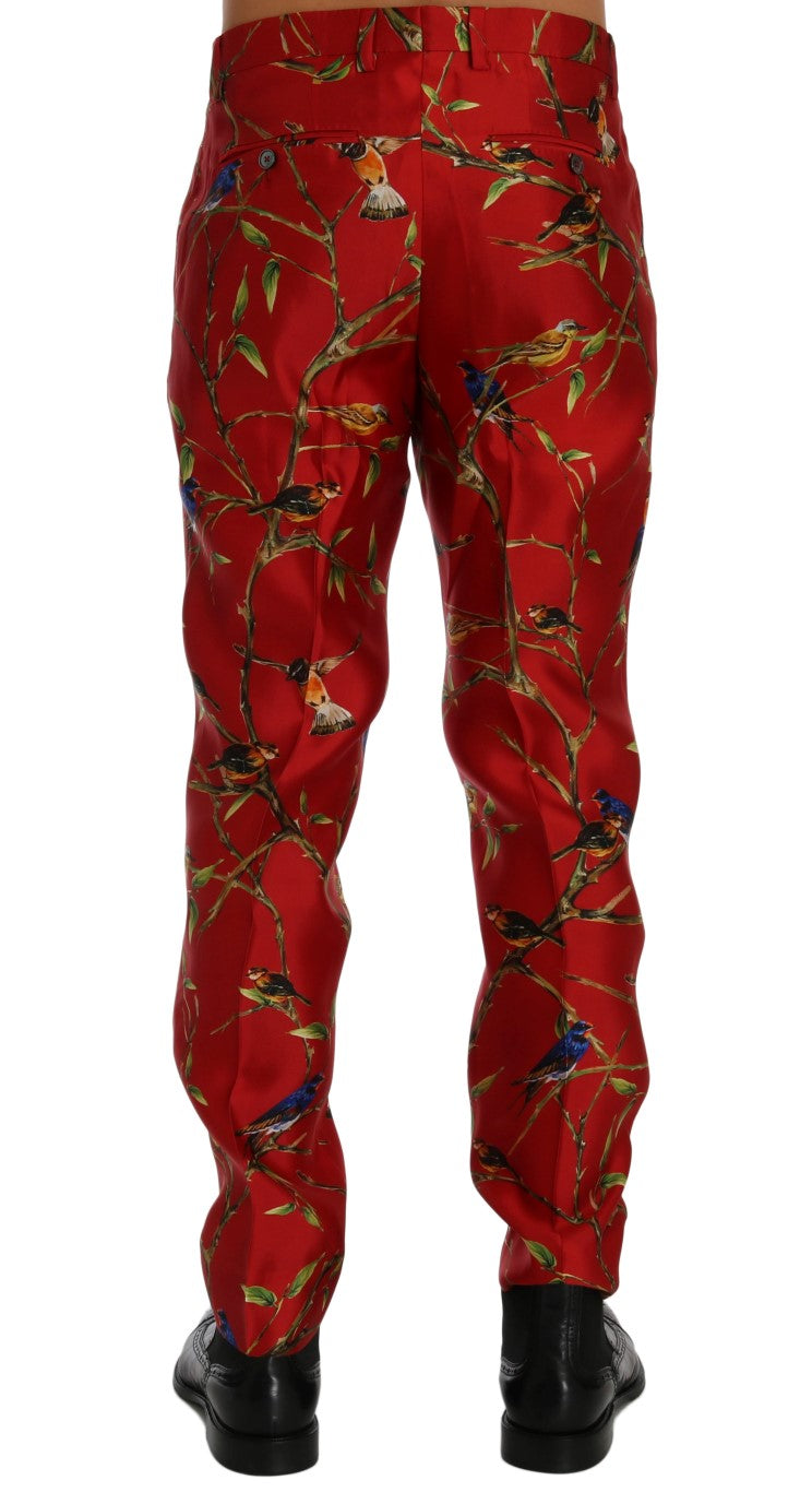 Dolce & Gabbana Red Silk Bird Print Dress Pants