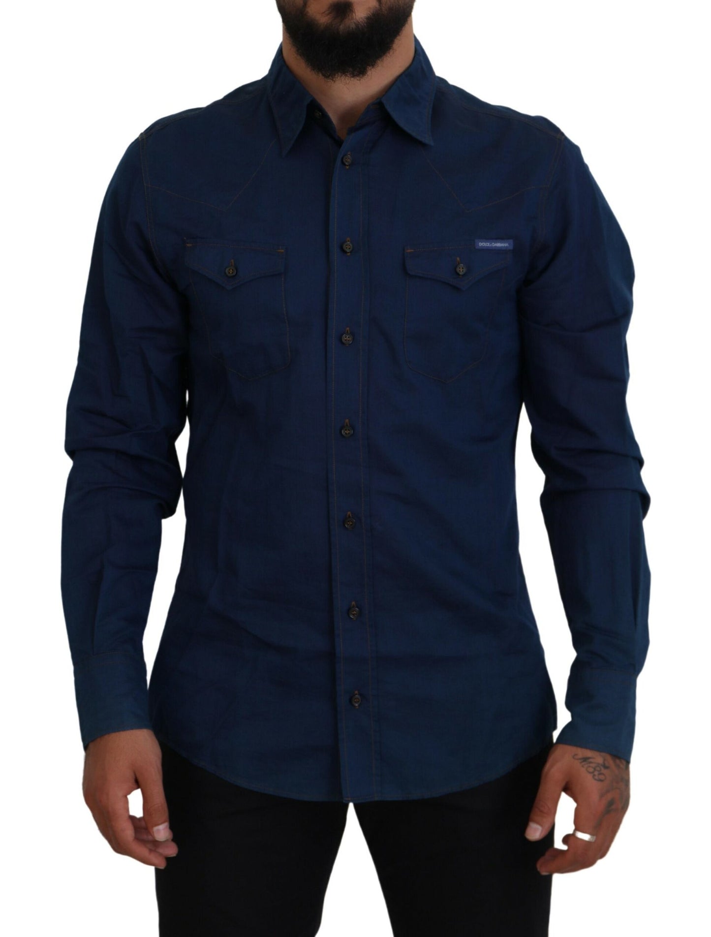 Dolce & Gabbana Blue Denim Cotton Slim Fit GOLD Shirt