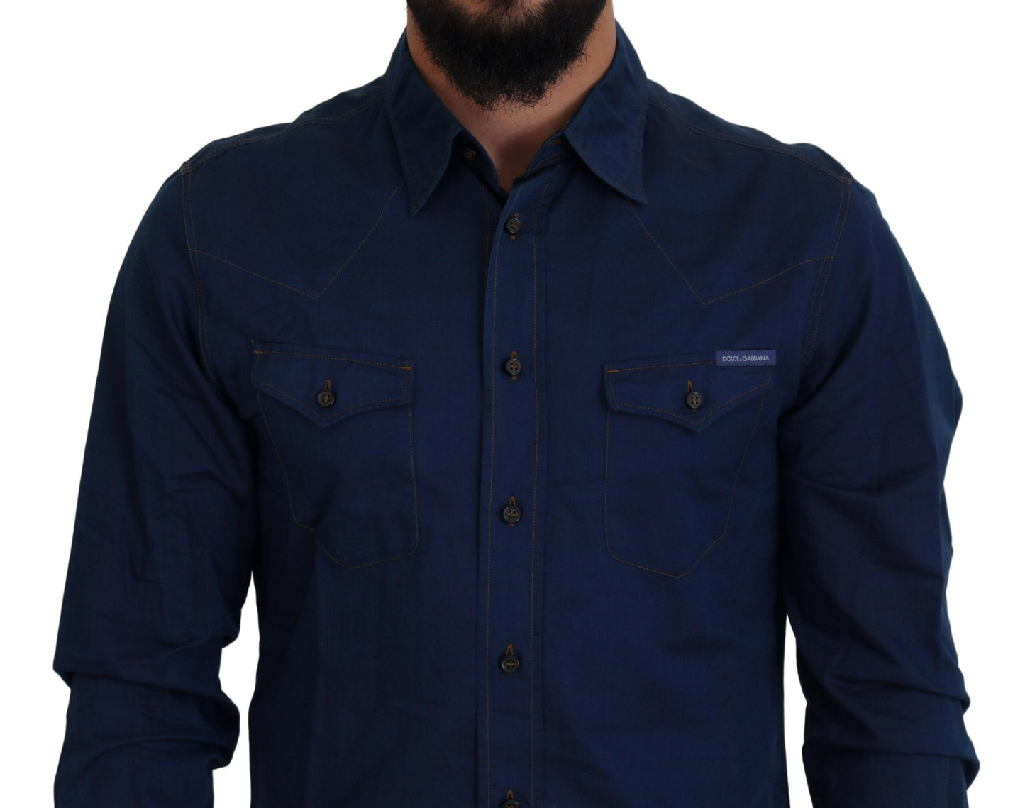 Dolce & Gabbana Blue Denim Cotton Slim Fit GOLD Shirt