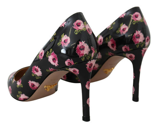 Prada Black Leather Floral Stiletto Heels Pumps