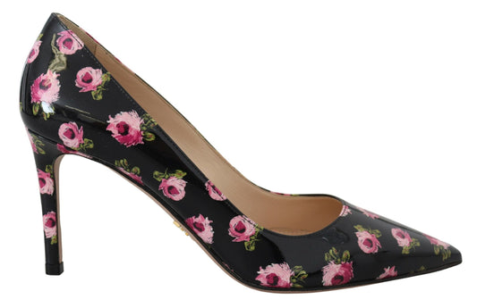 Prada Black Leather Floral Stiletto Heels Pumps