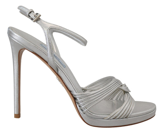 Prada Silver Leather Ankle Strap Stiletto Heels Sandals