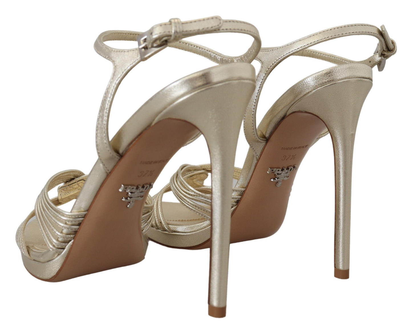 Prada Gold Leather Ankle Strap Stiletto Heels Sandals