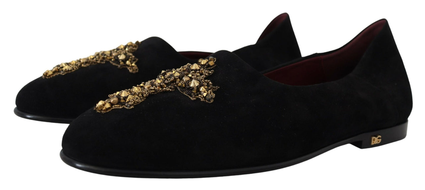 Dolce & Gabbana Black Suede Gold Cross Slip On Loafers Shoes