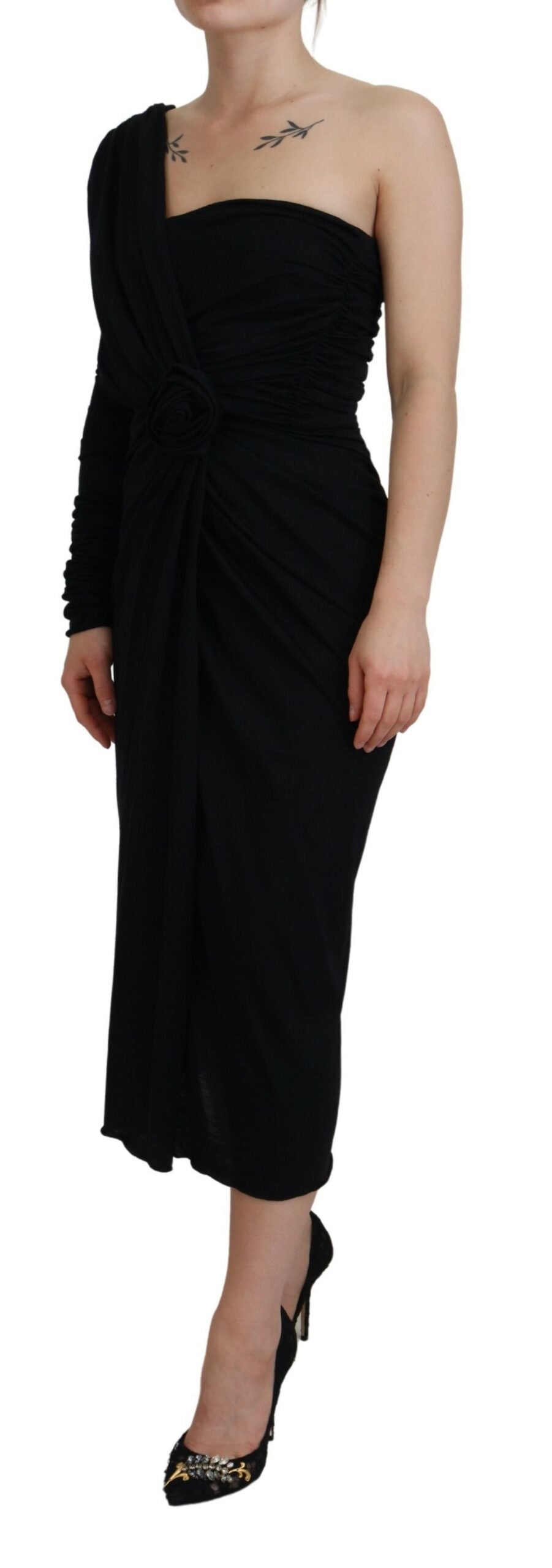 Dolce & Gabbana Elegant Black One-Shoulder Midi Dress