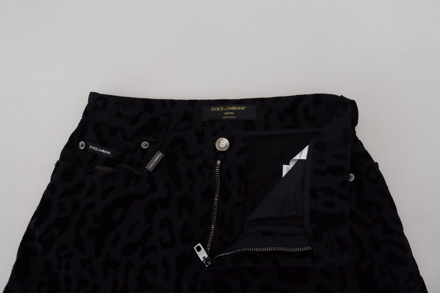 Dolce & Gabbana Black Leopard Denim Stretch Shorts