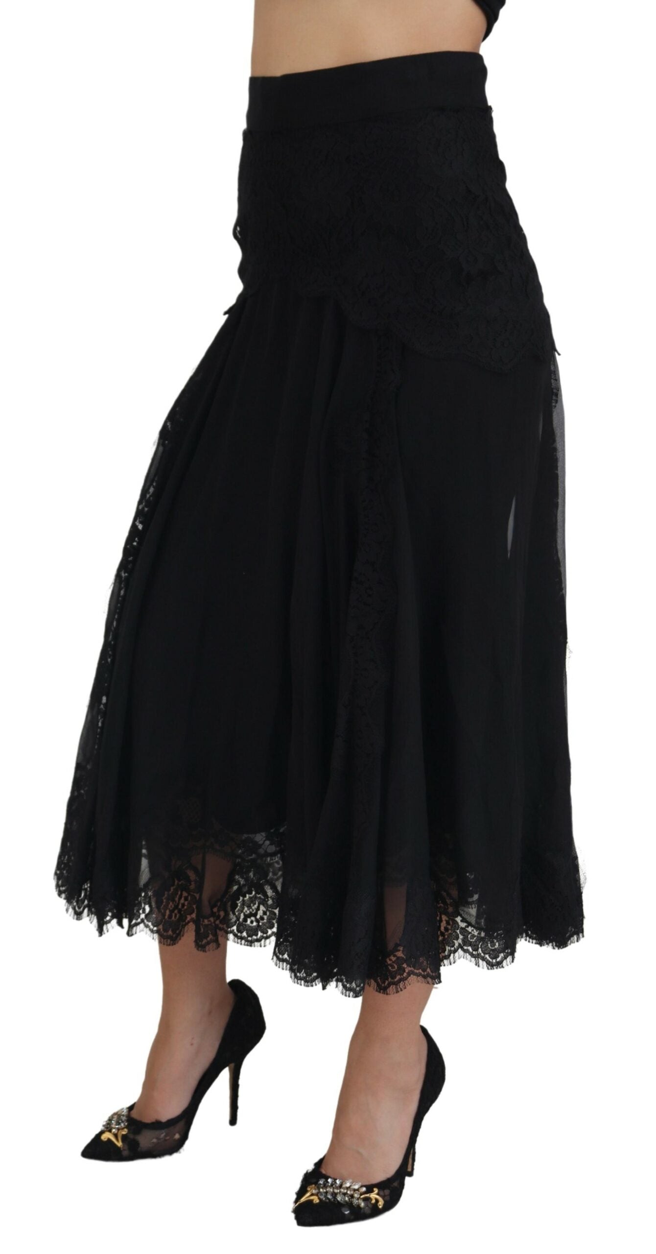 Dolce & Gabbana Black Silk Lace Trim High Waist Midi Skirt