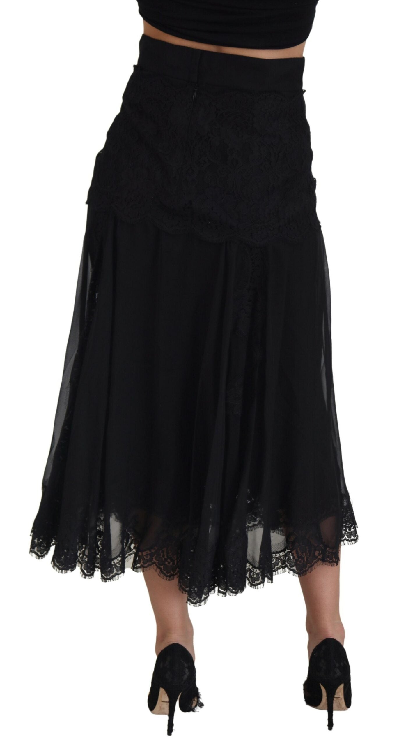 Dolce & Gabbana Black Silk Lace Trim High Waist Midi Skirt