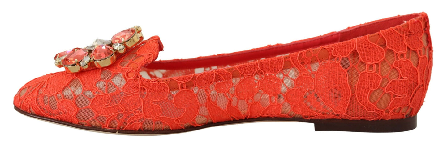 Dolce & Gabbana Red Taormina Lace Crystals Ballet Flats Shoes