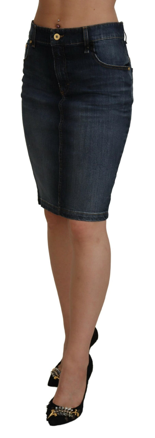 Fiorucci Dark Blue Washed Mid Waist Pencil Cut Denim Skirt