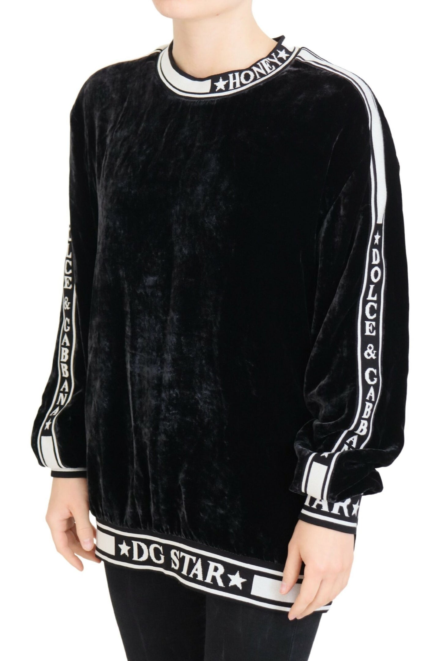 Dolce & Gabbana Black Velvet Crewneck Pullover Sweater