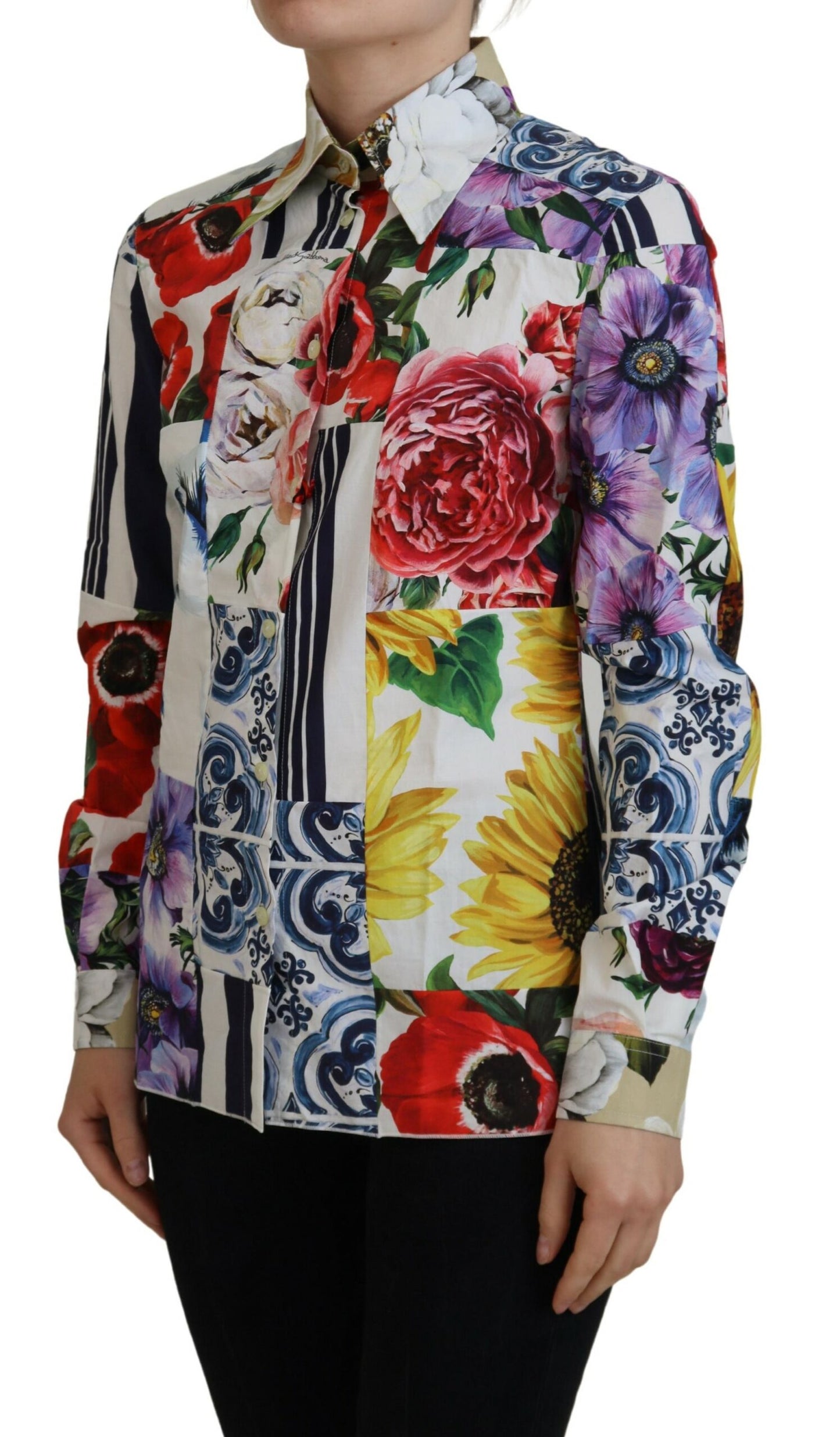 Dolce & Gabbana Multicolor Floral Cotton Collared Blouse Top