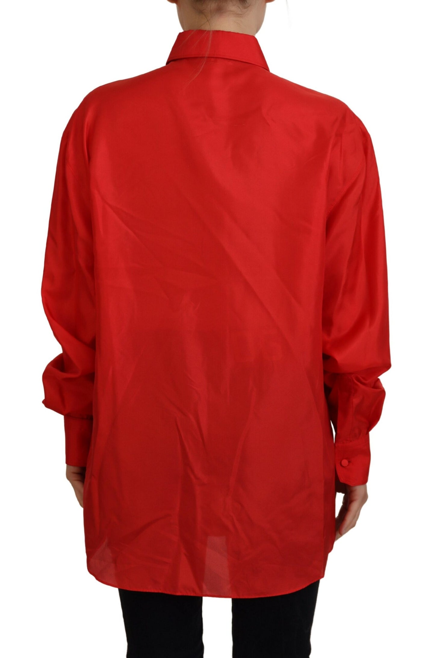 Dolce & Gabbana Red Silk Collared Long Sleeves Dress Shirt Top