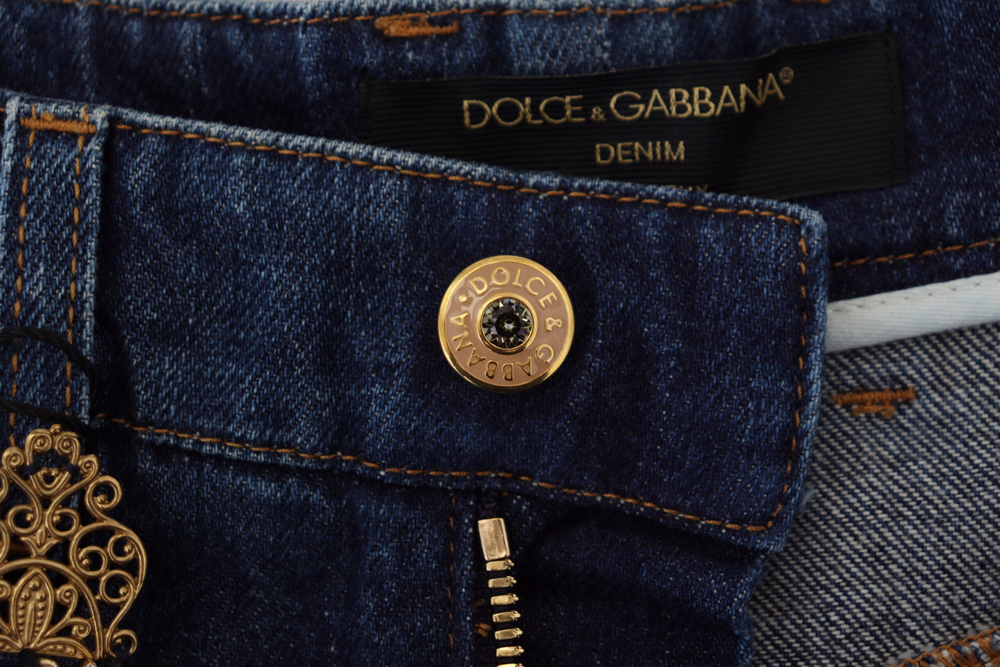 Dolce & Gabbana Blue Embellished Straight Denim Cotton Jeans