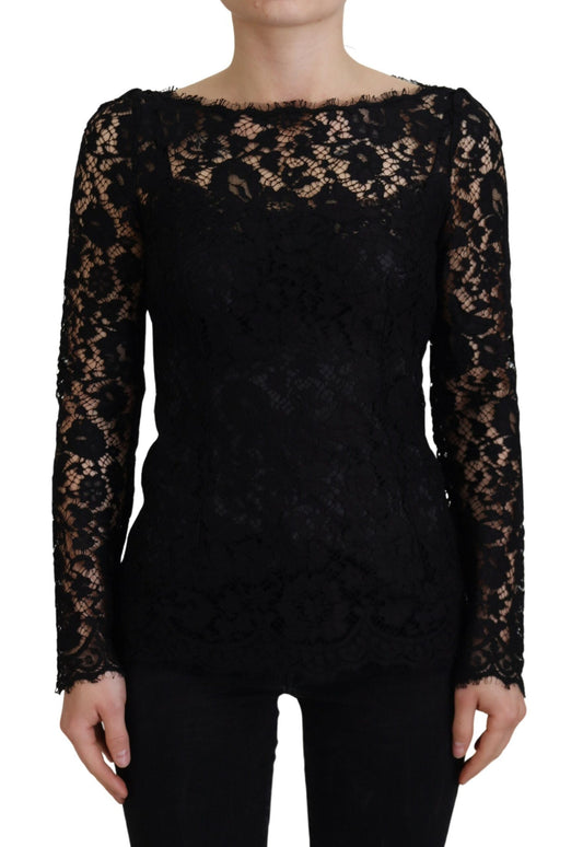 Dolce & Gabbana Black Cotton Lace Trim Long Sleeves Top