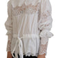 Dolce & Gabbana White Cotton Lace Trim Turtle Neck Blouse Top