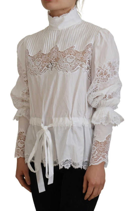 Dolce & Gabbana White Cotton Lace Trim Turtle Neck Blouse Top